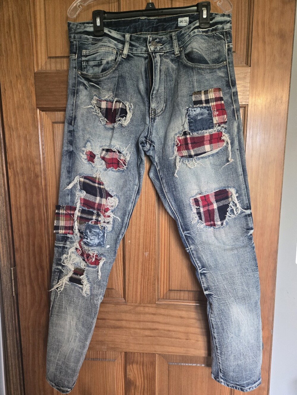 Men's SMOKE RISE Distressed Jeans with Red Plaid Patchwork 34X32